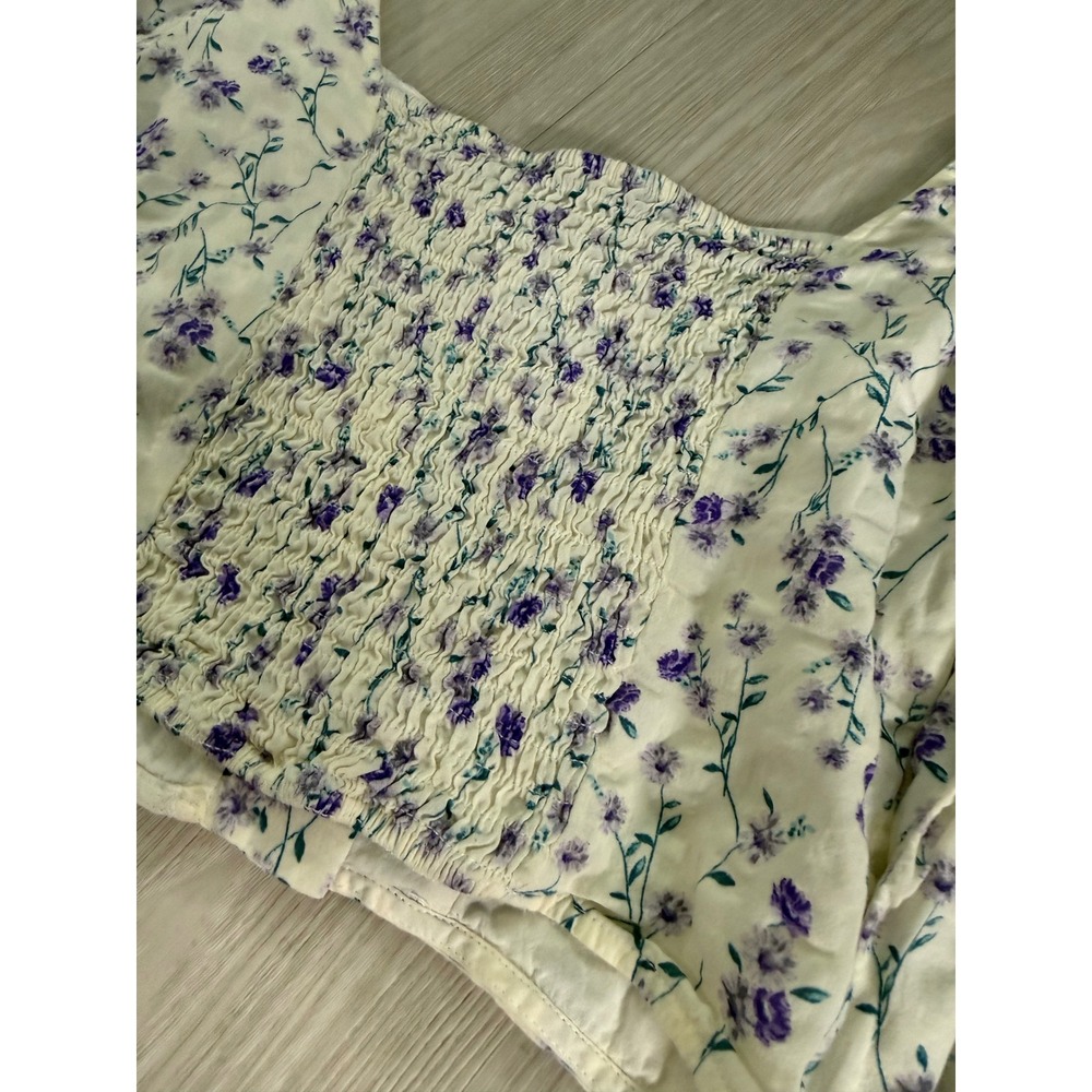 Zara Purple Floral Square Neck Crop Top Long Sleeve Smocked Back XS - Picture 7 of 10